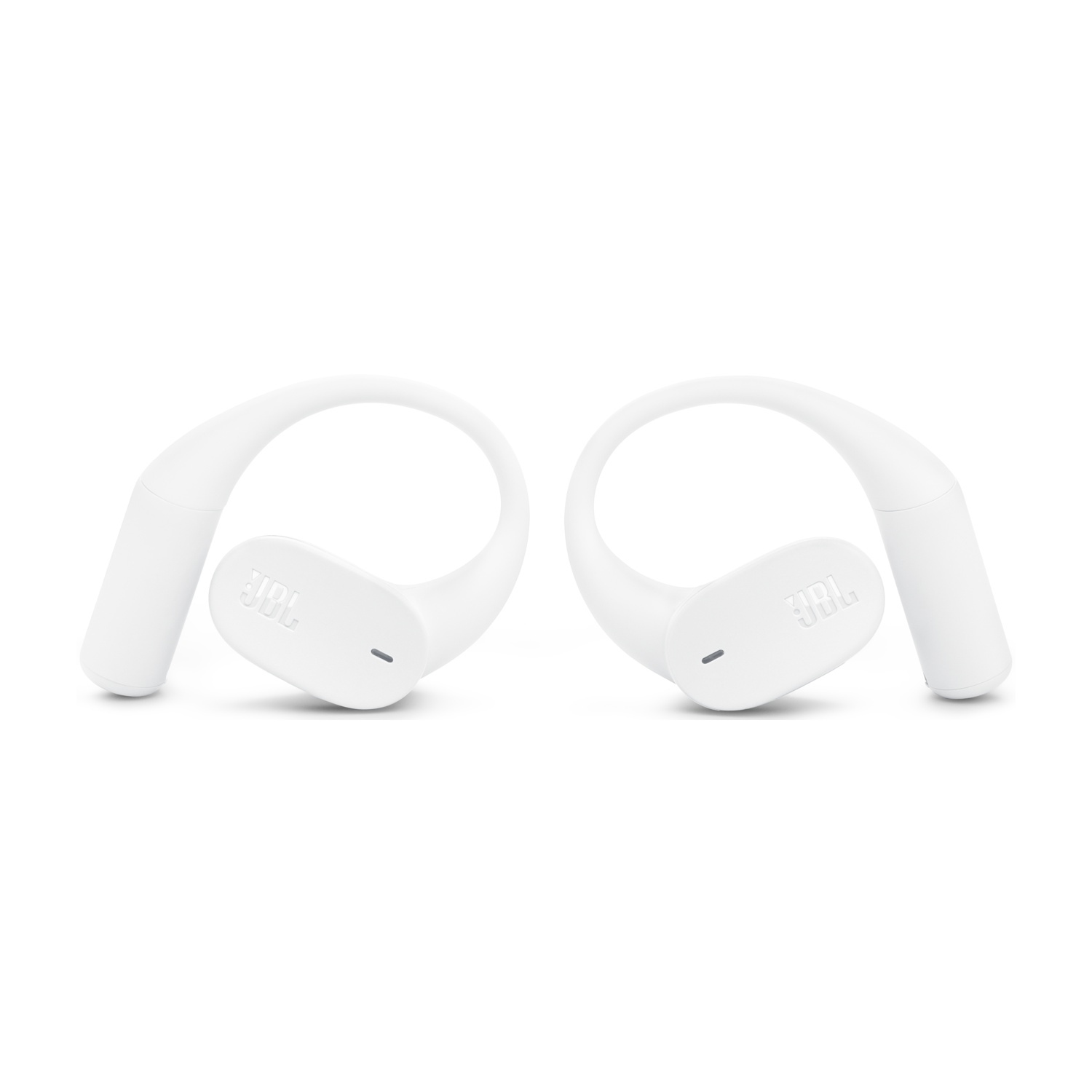 Due auricolari bianchi JBL con gancio, su sfondo bianco.