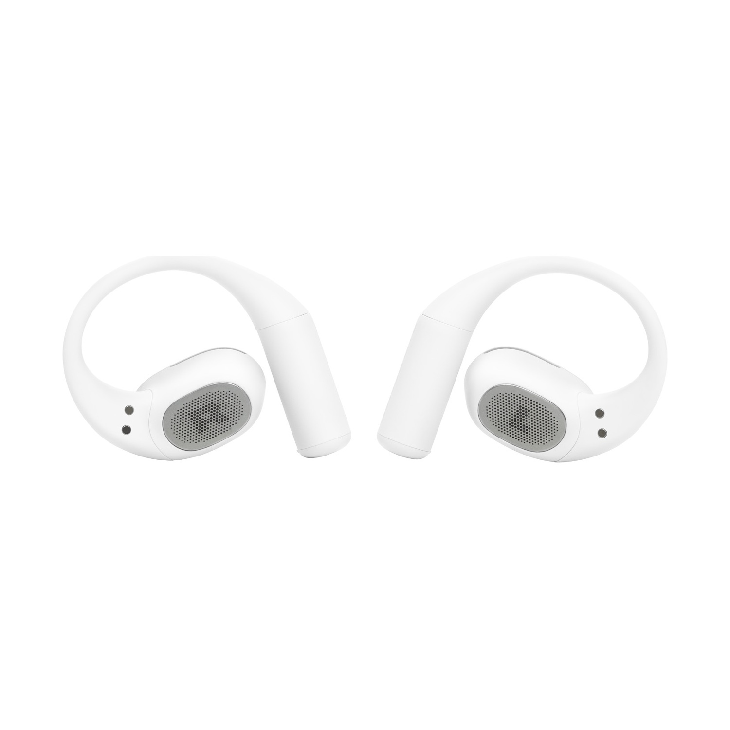 Due auricolari bianchi con ganci e griglie.