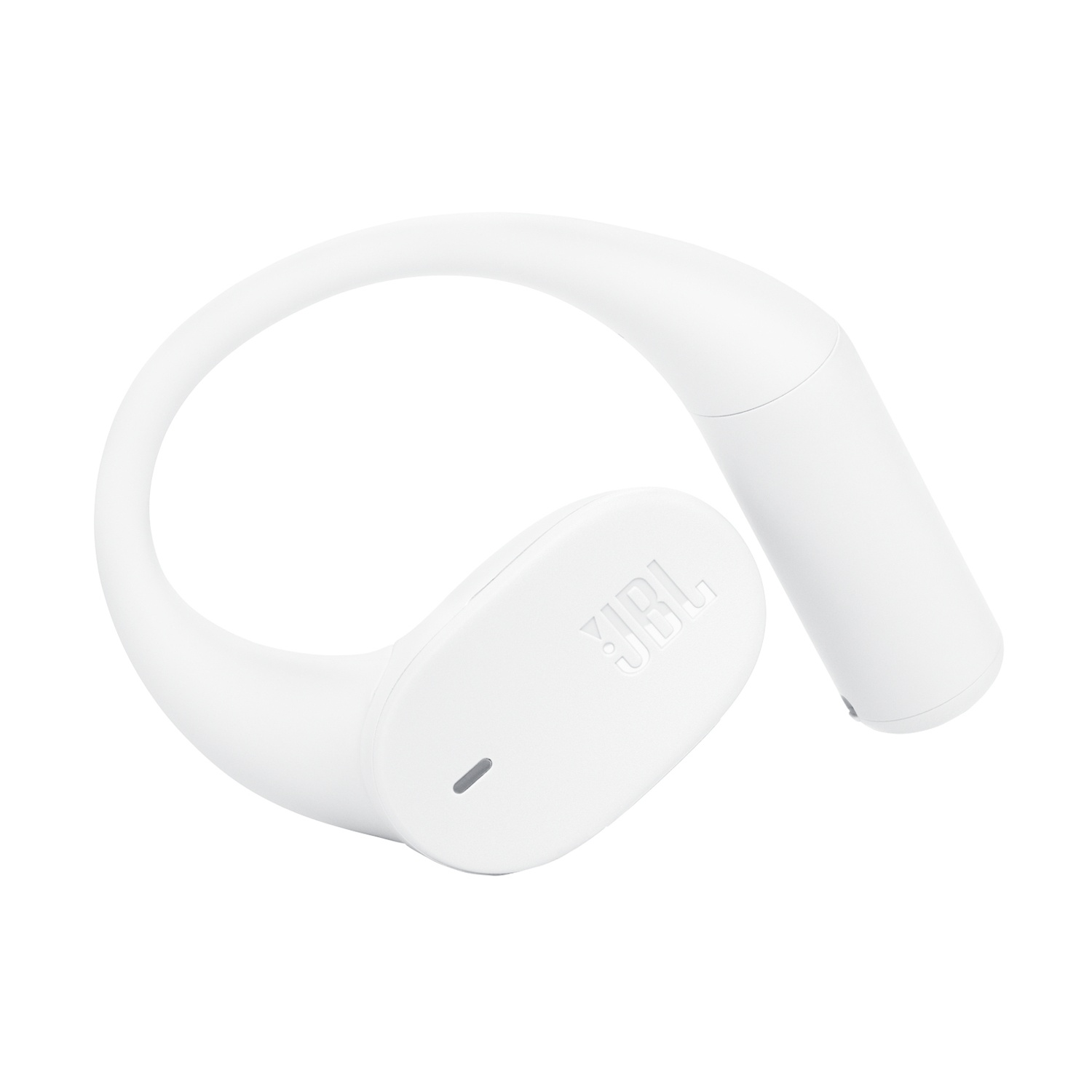 Un auricolare JBL bianco con gancio per l'orecchio e stelo cilindrico.