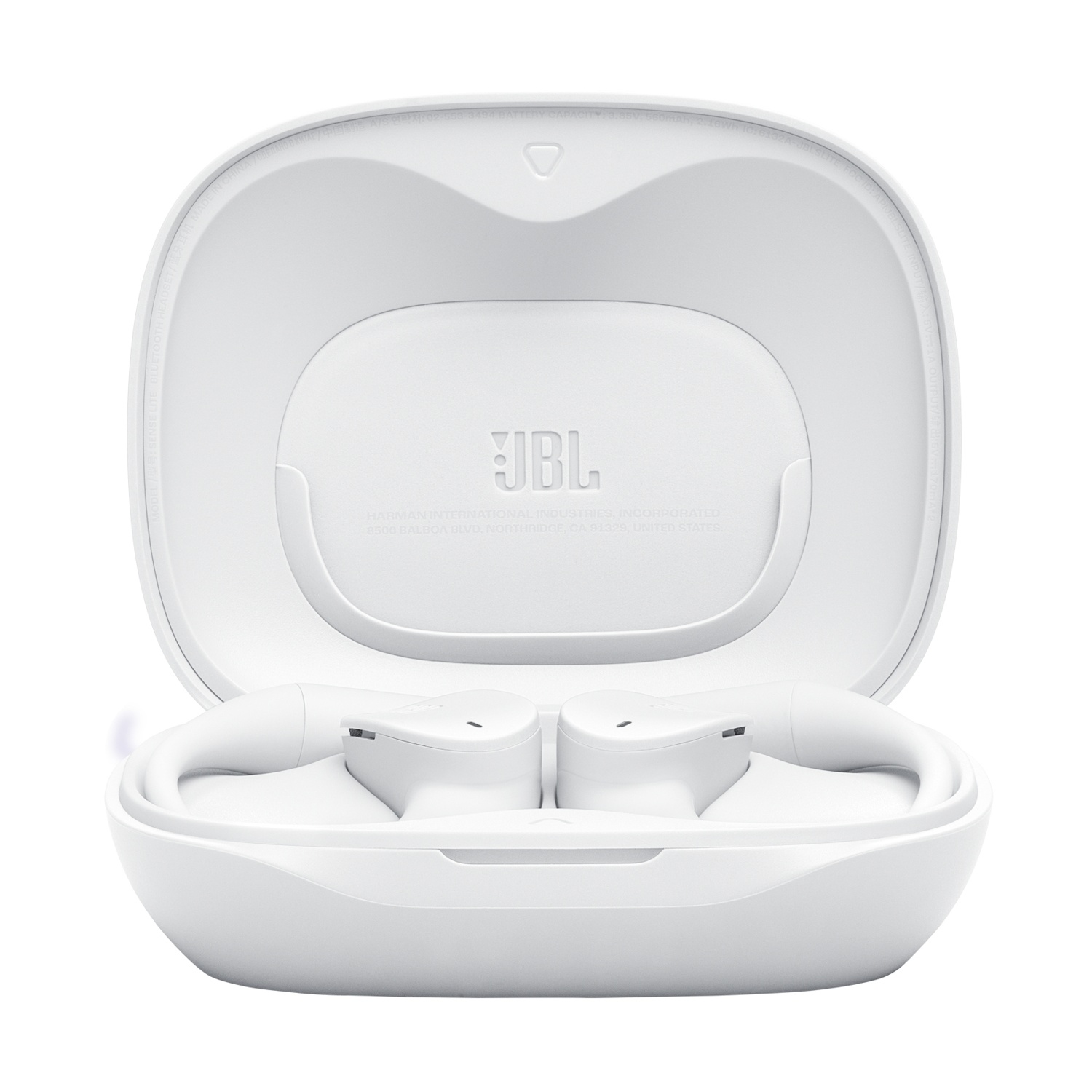 Auricolari JBL wireless bianchi in custodia di ricarica aperta. Logo interno.