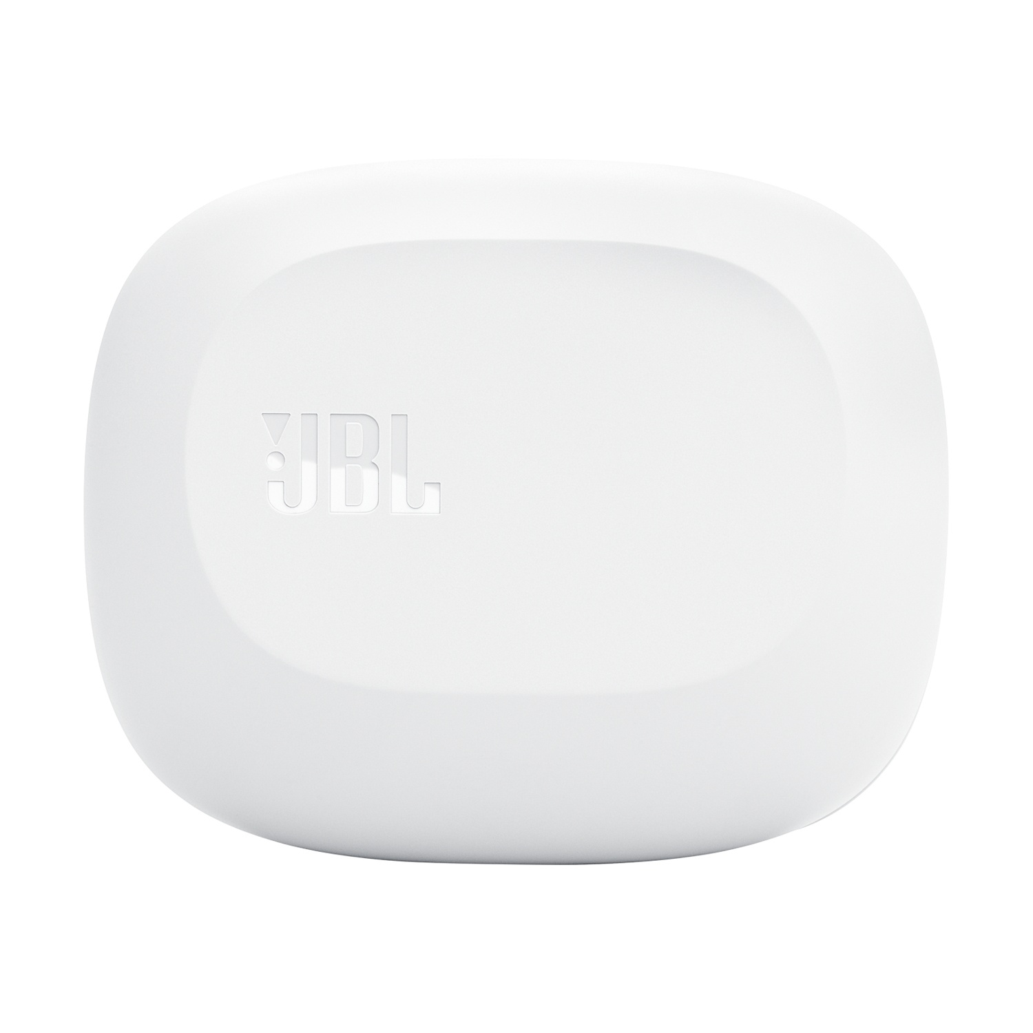 Una custodia di ricarica JBL bianca e arrotondata con logo in rilievo su sfondo bianco.