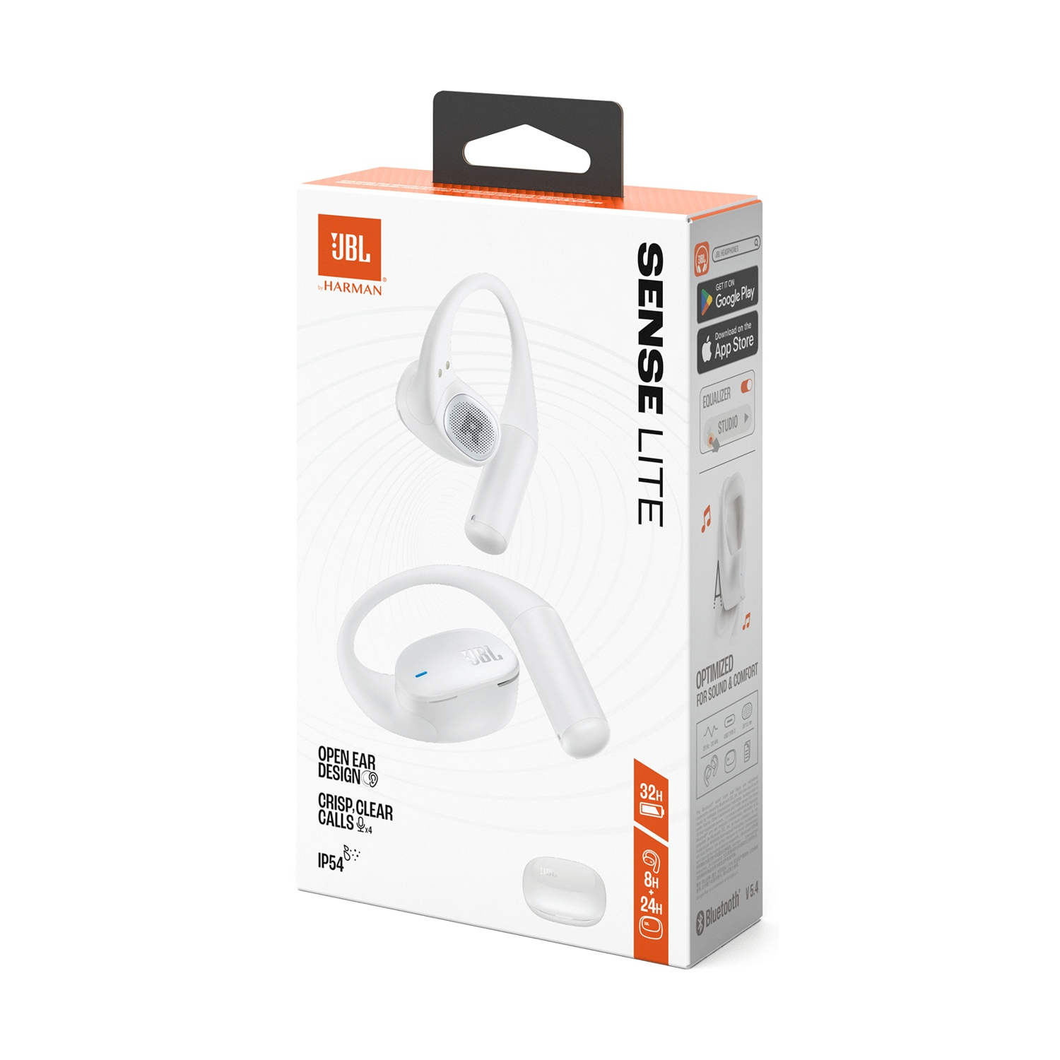 Confezione degli auricolari bianchi JBL Sense Lite con accenti blu.