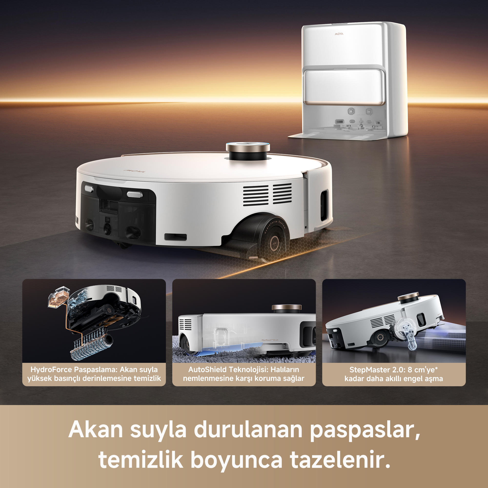 Soyut bir arka plan önünde beyaz robot süpürge ve şarj istasyonu.