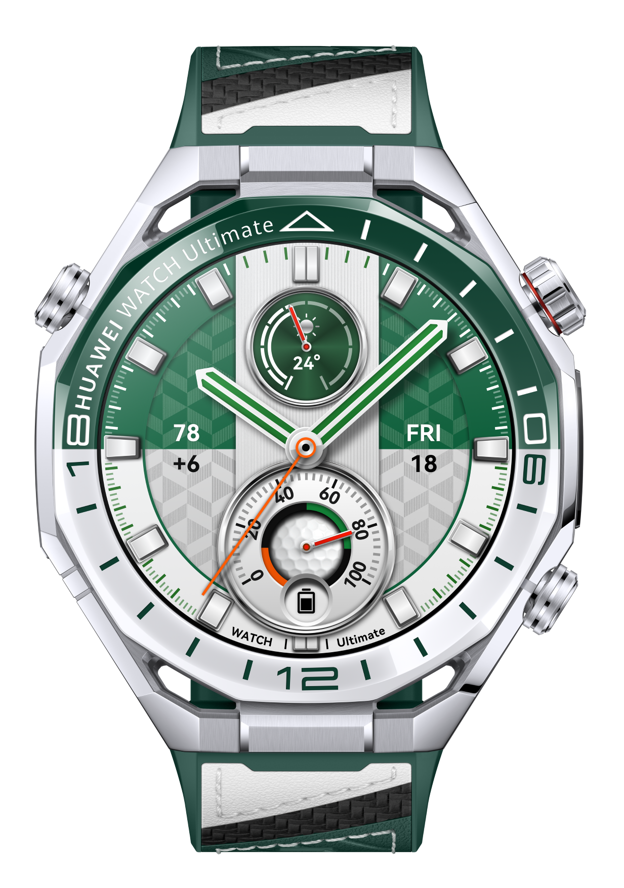Zielony smartwatch ze srebrną kopertą i paskiem, pokazuje 24°C, piątek 18:00.