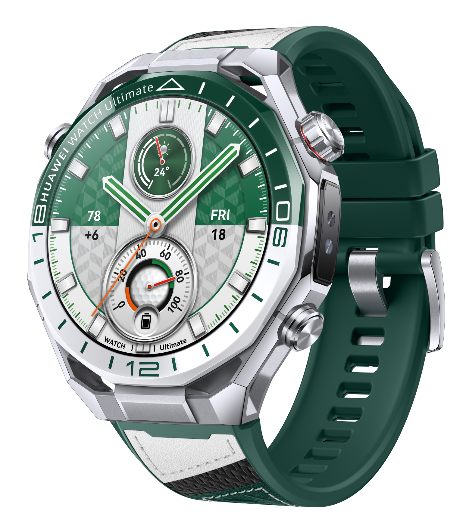 Zielony smartwatch ze srebrną kopertą, białym i czarnym paskiem.