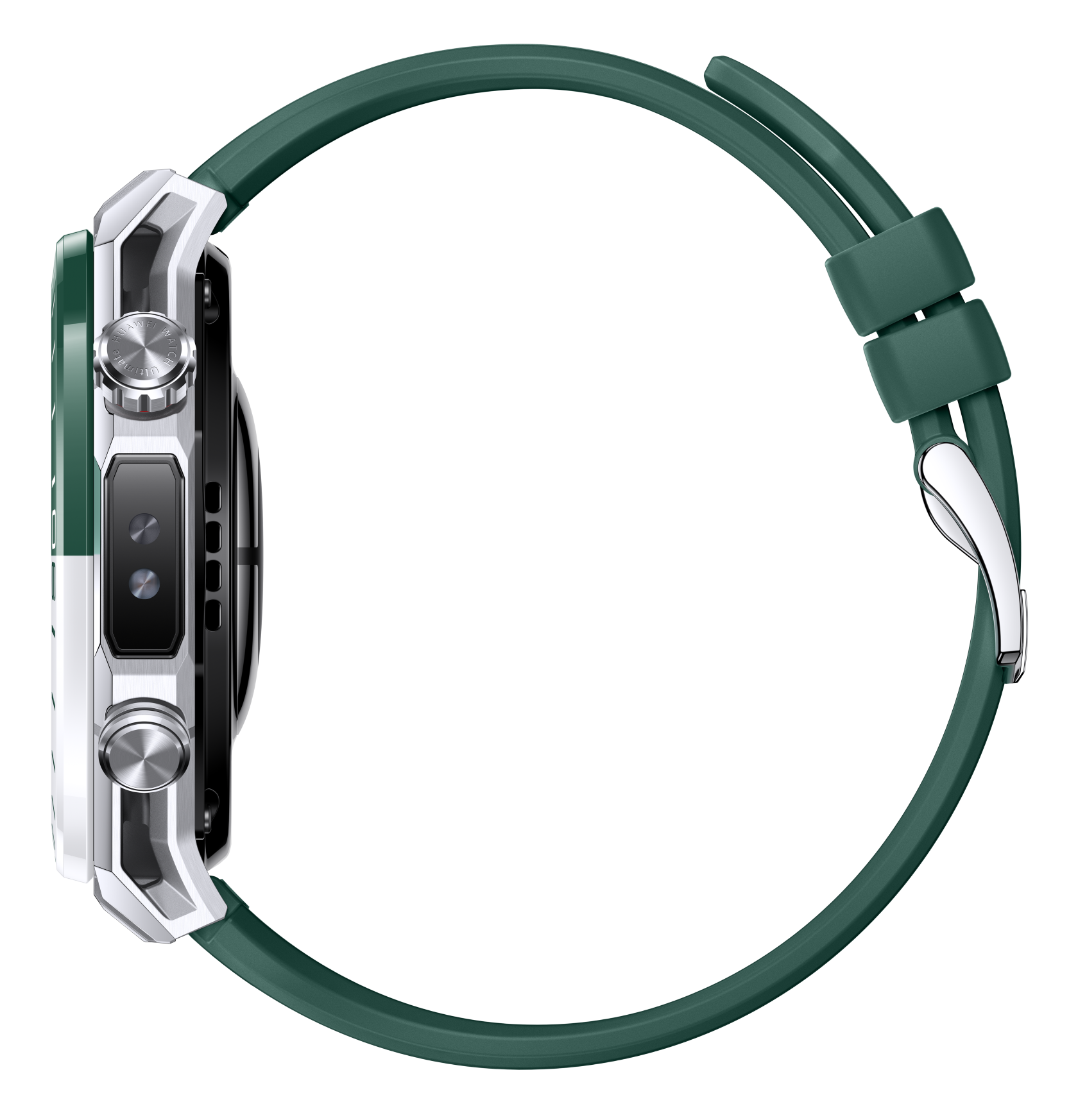 Zielony smartwatch z srebrnymi przyciskami i srebrnym zapięciem.