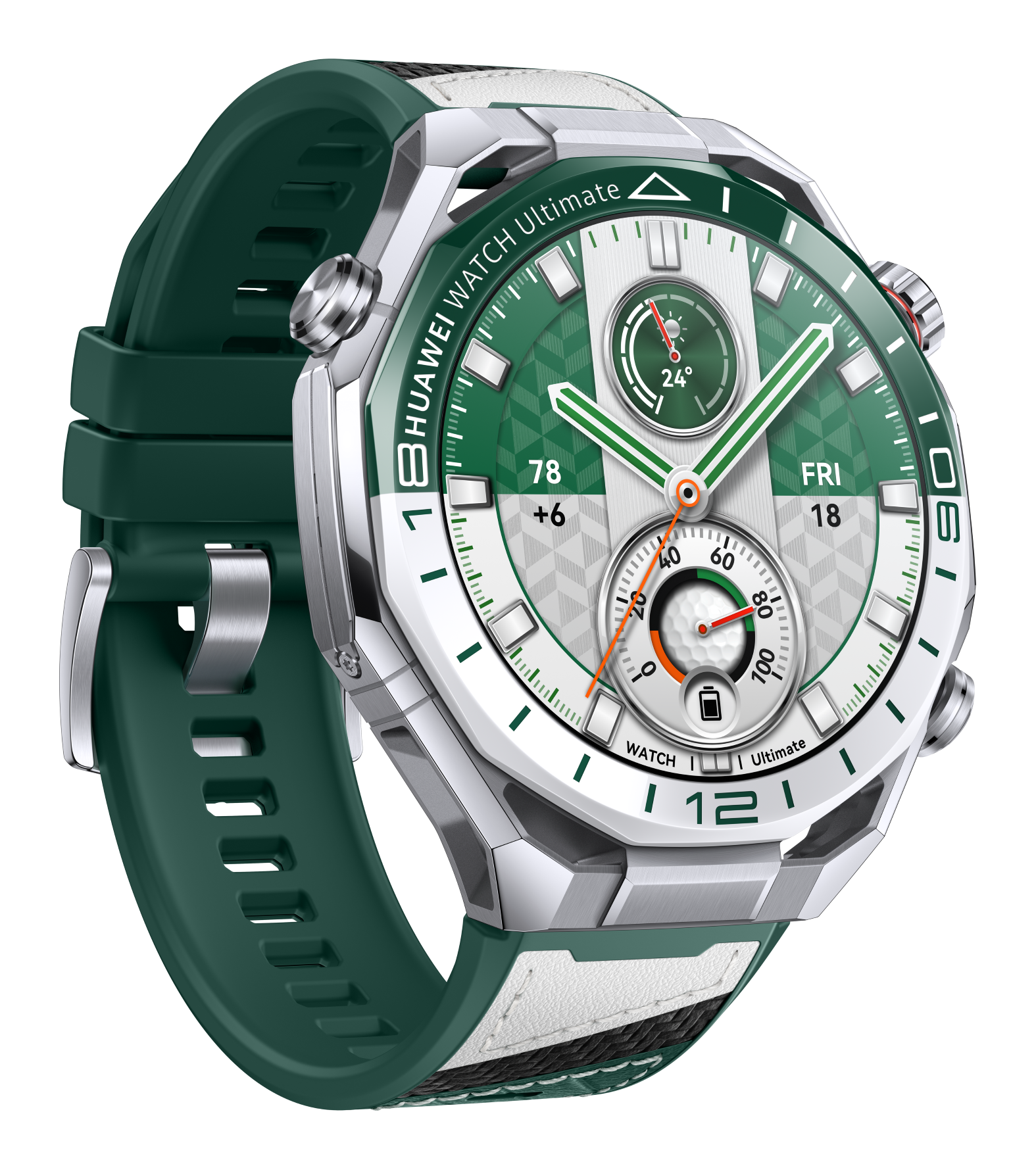 Zielony smartwatch ze srebrną kopertą i paskiem skórzano-gumowym.