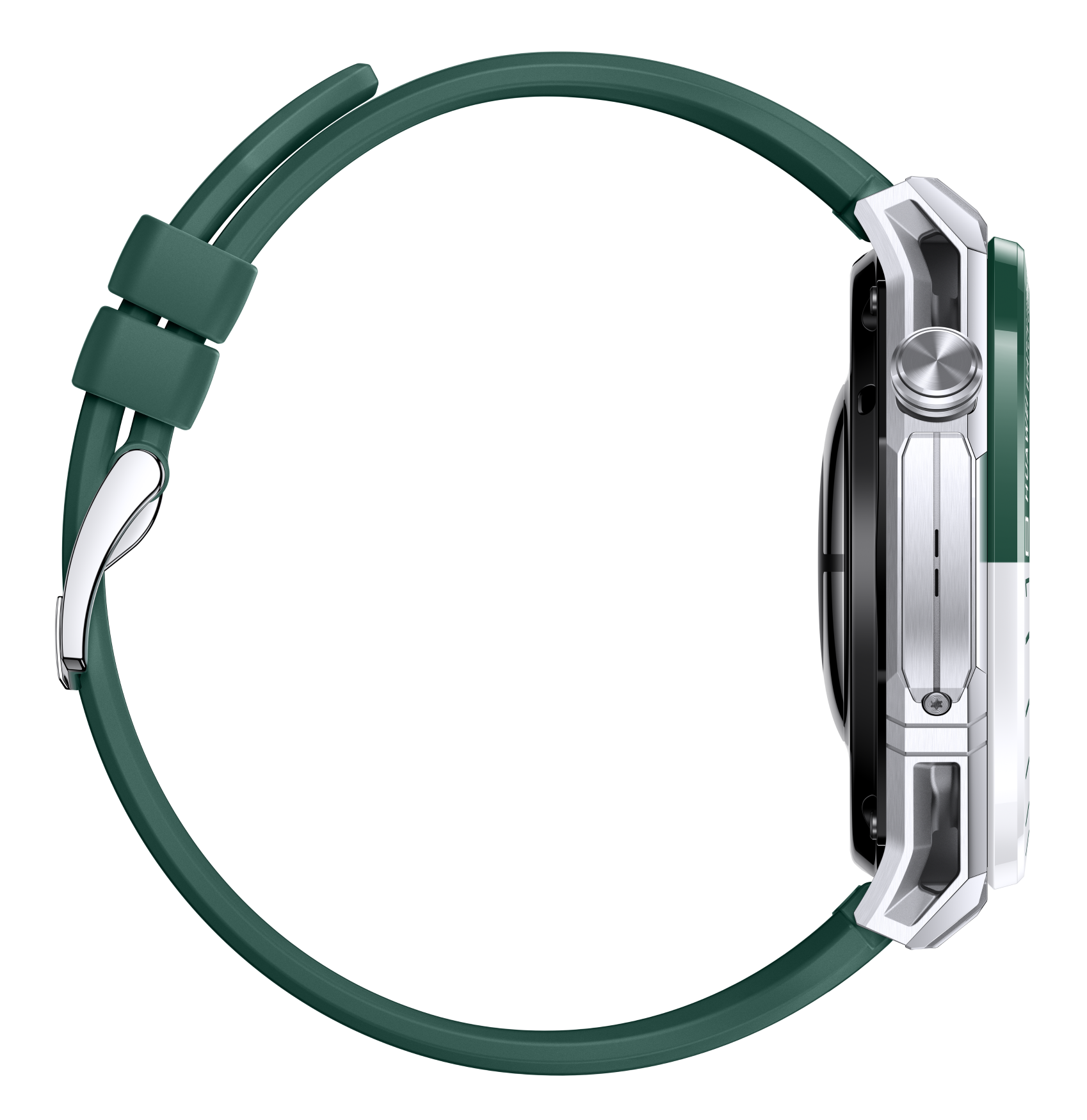 Zielony smartwatch ze srebrną kopertą i paskiem, pokazany z profilu.