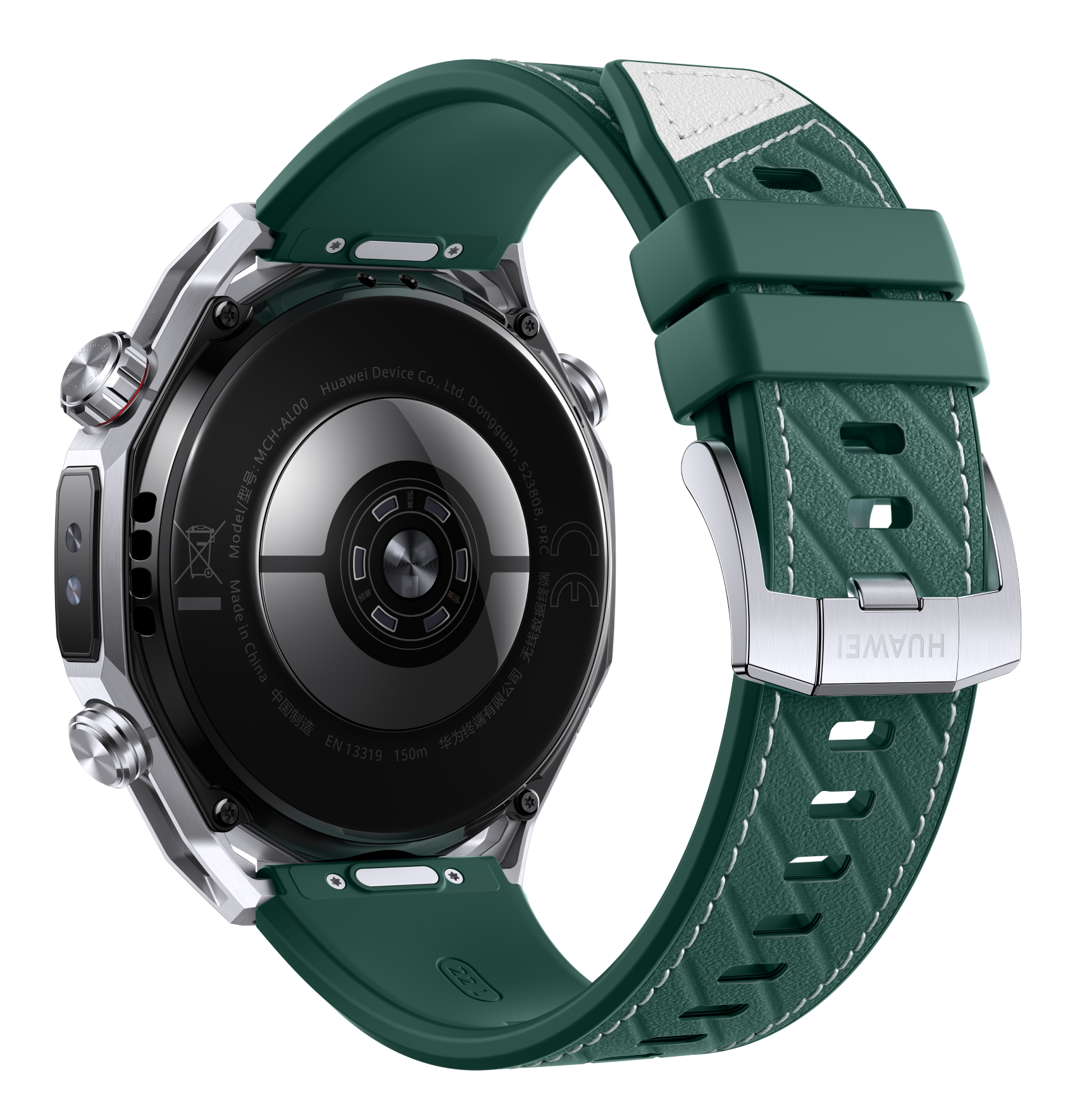 Widok z tyłu zielonego smartwatcha ze srebrnymi akcentami na czarnym tle.