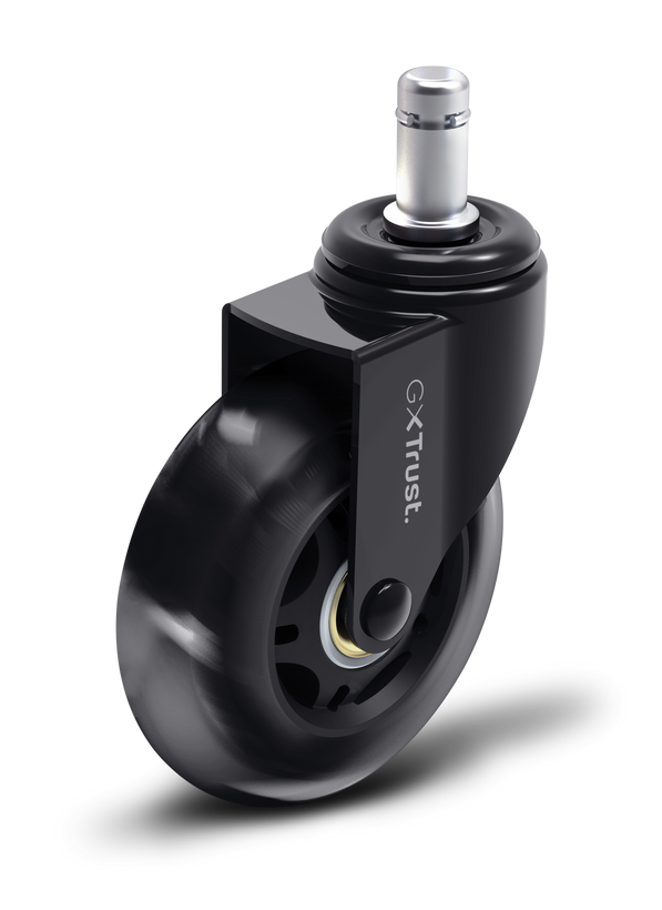 Czarne kółko do krzesła biurowego ze srebrną nóżką i logo GXT Trust.