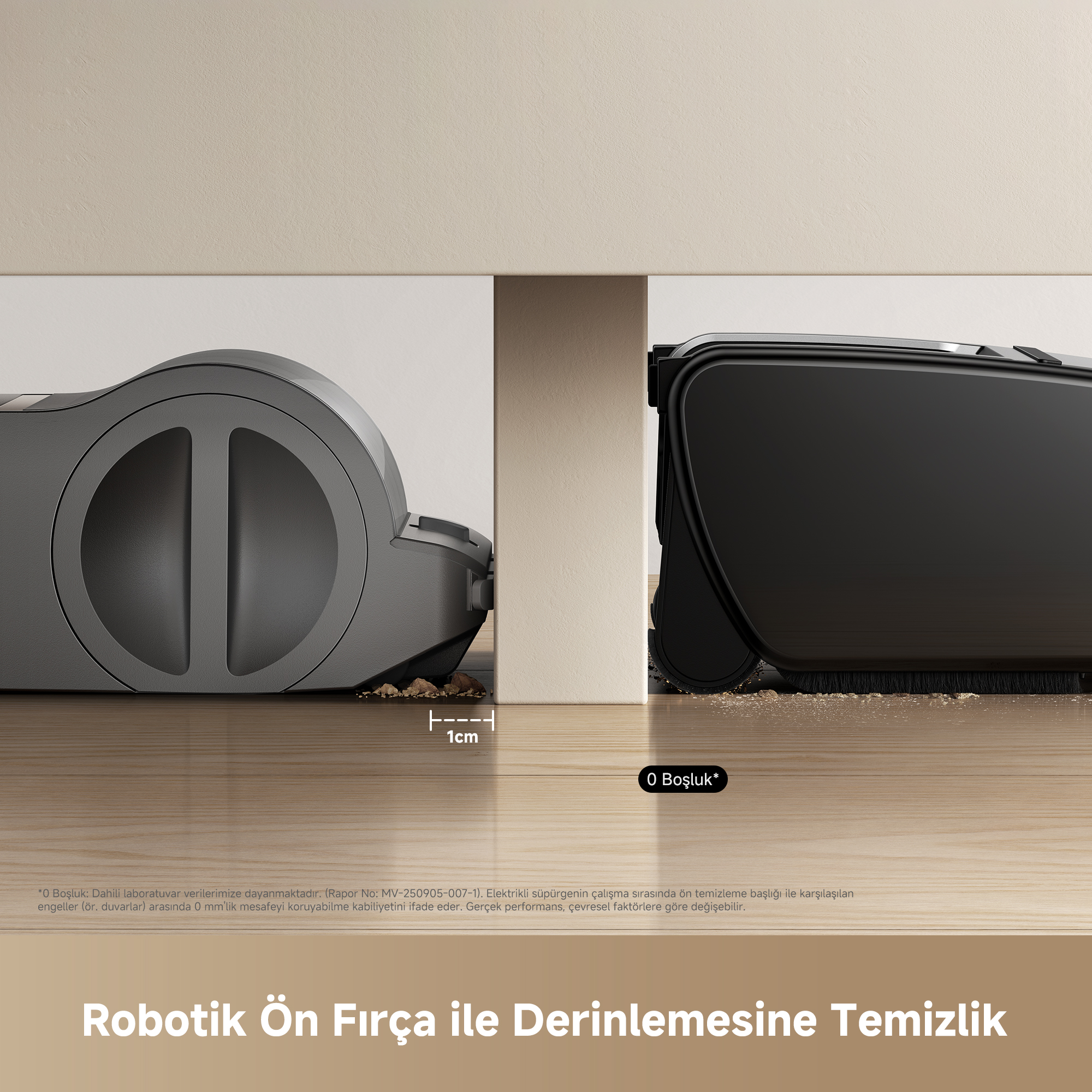 Gri ve siyah robot süpürge 1cm boşlukla zemini temizliyor.