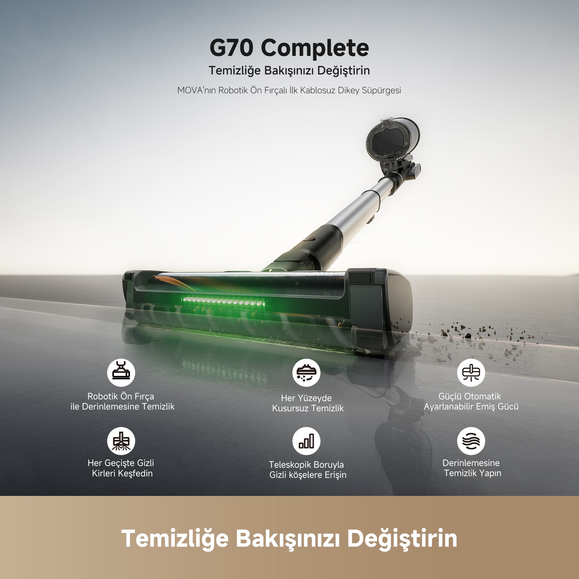 Robot fırçalı kablosuz süpürge, döküntüleri temizliyor.