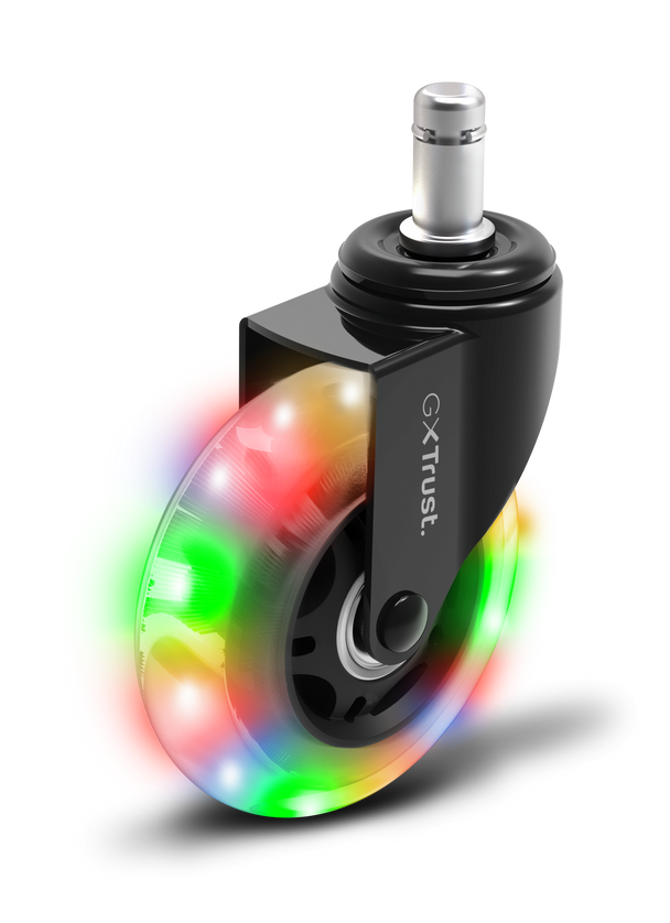Czarny uchwyt kółka z przezroczystym kołem oświetlonym kolorowymi diodami LED.