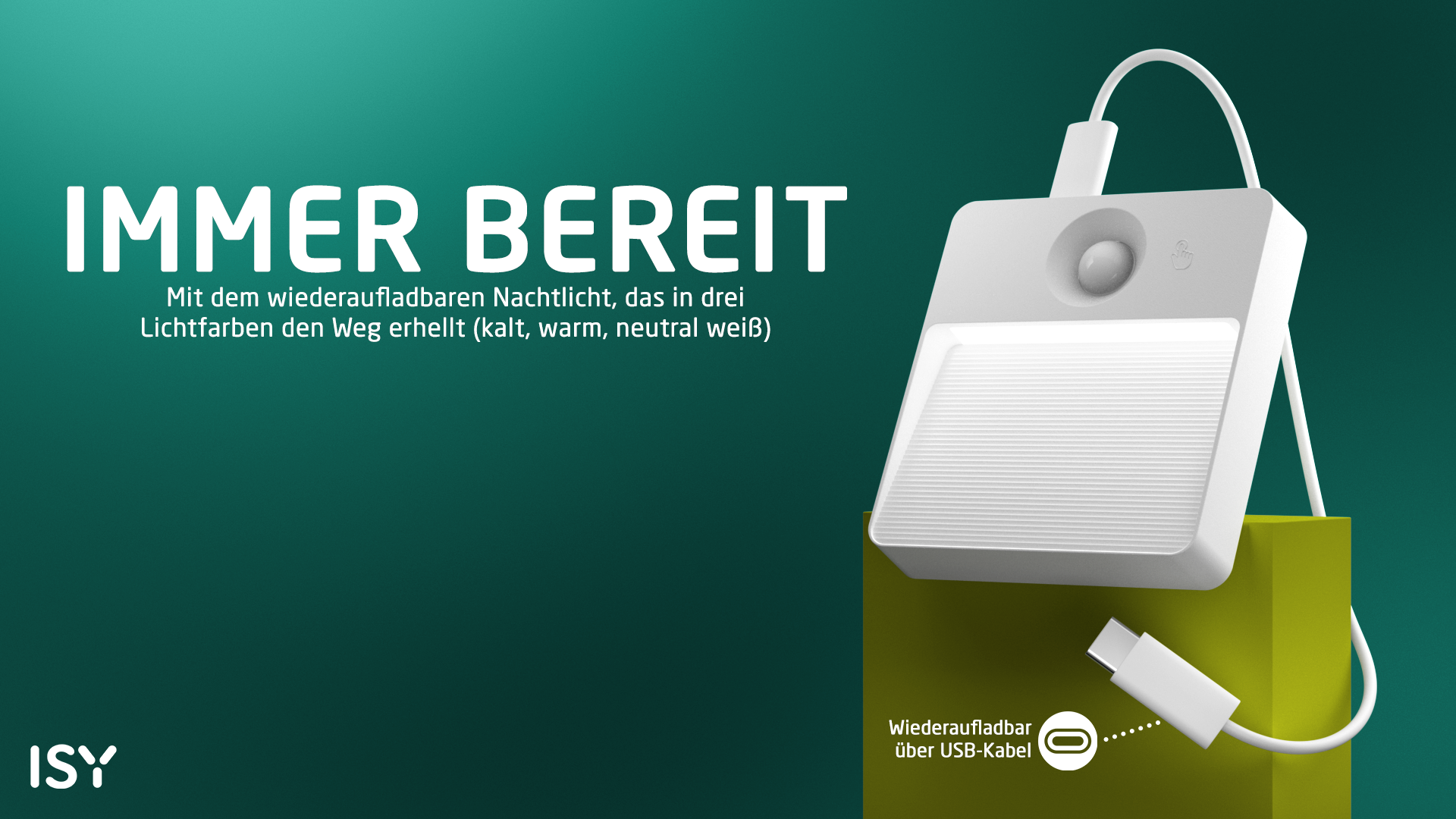 Ein weißes, wiederaufladbares Nachtlicht mit USB-Kabel auf grünem Hintergrund.