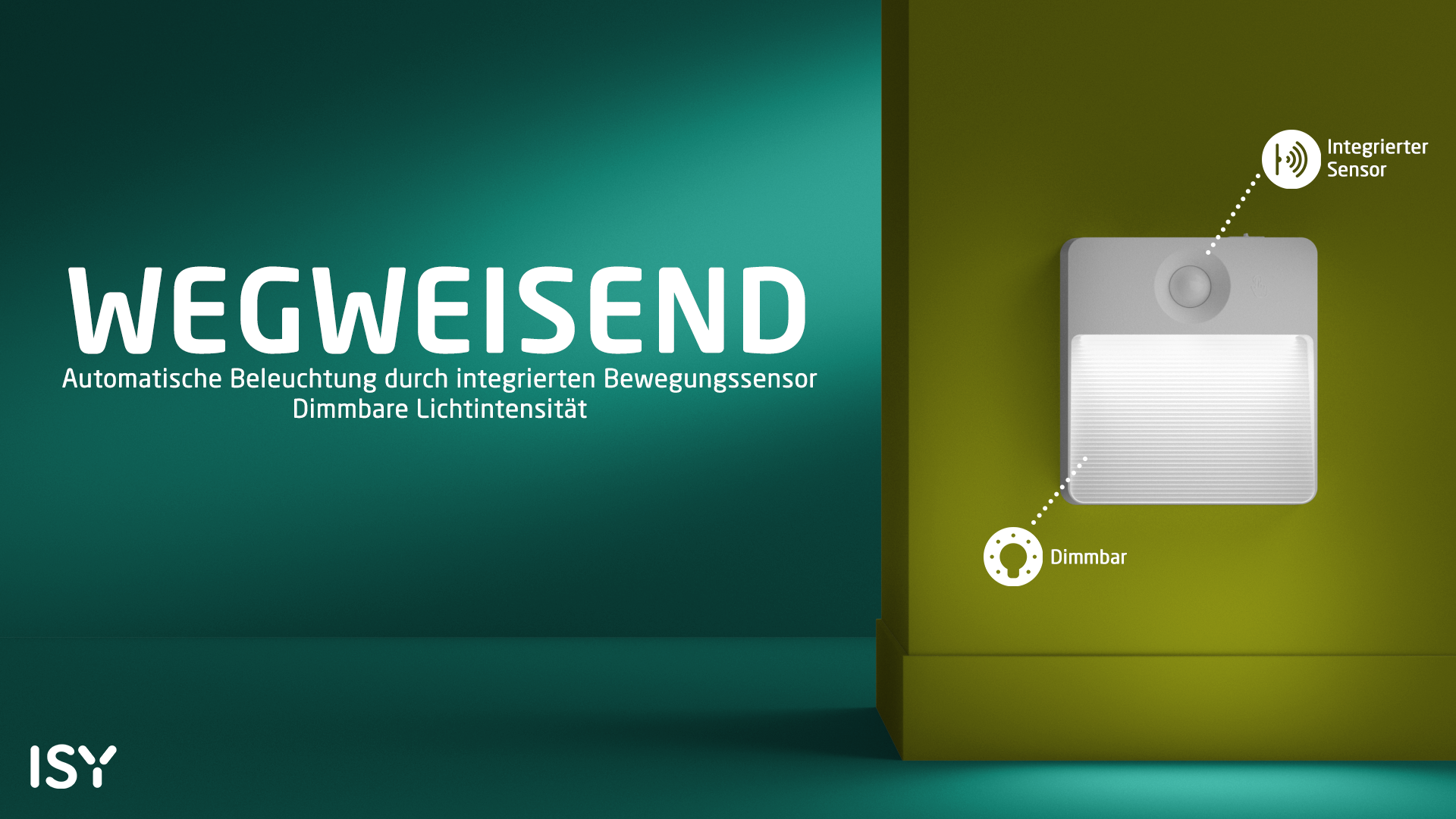 Ein weißes Licht mit Sensor und Dimmfunktion auf grünem Hintergrund.