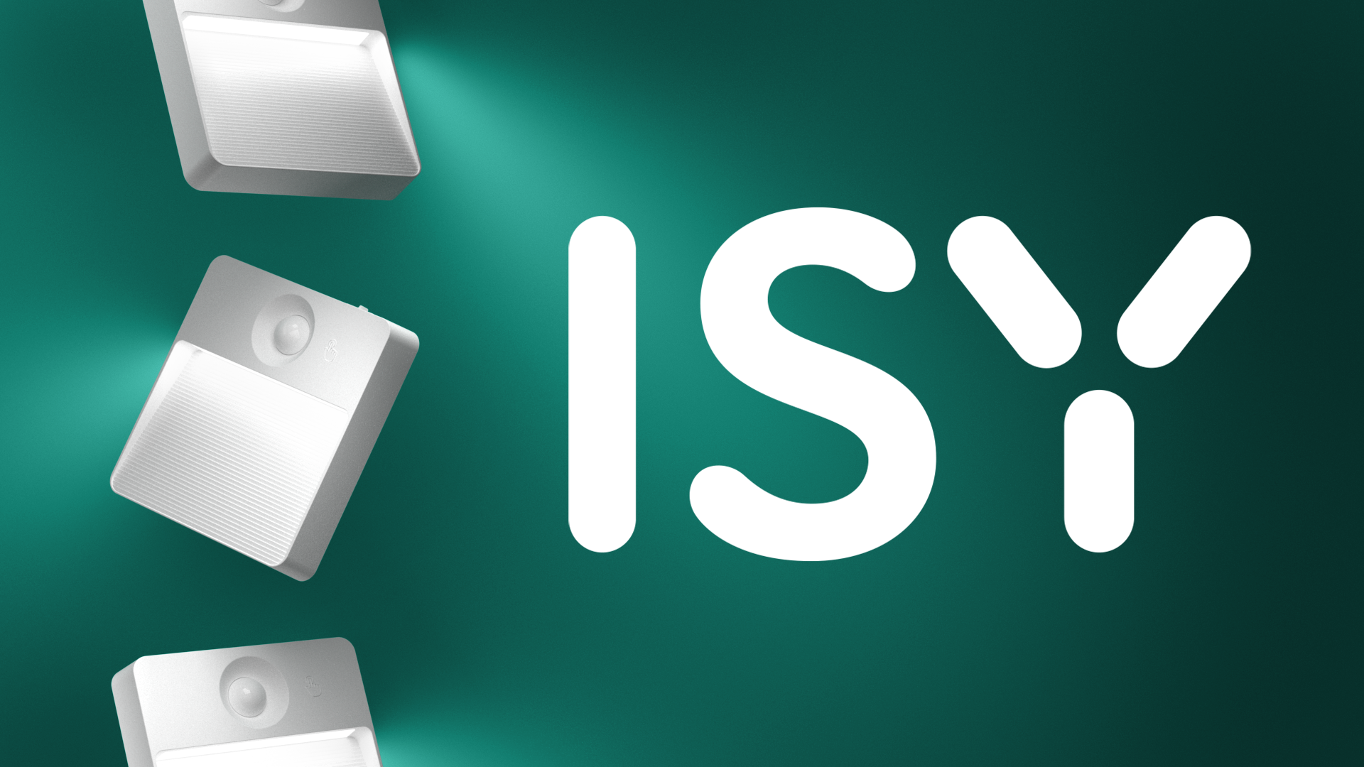 Witte lampen schijnen op donkere achtergrond. ISY-logo.