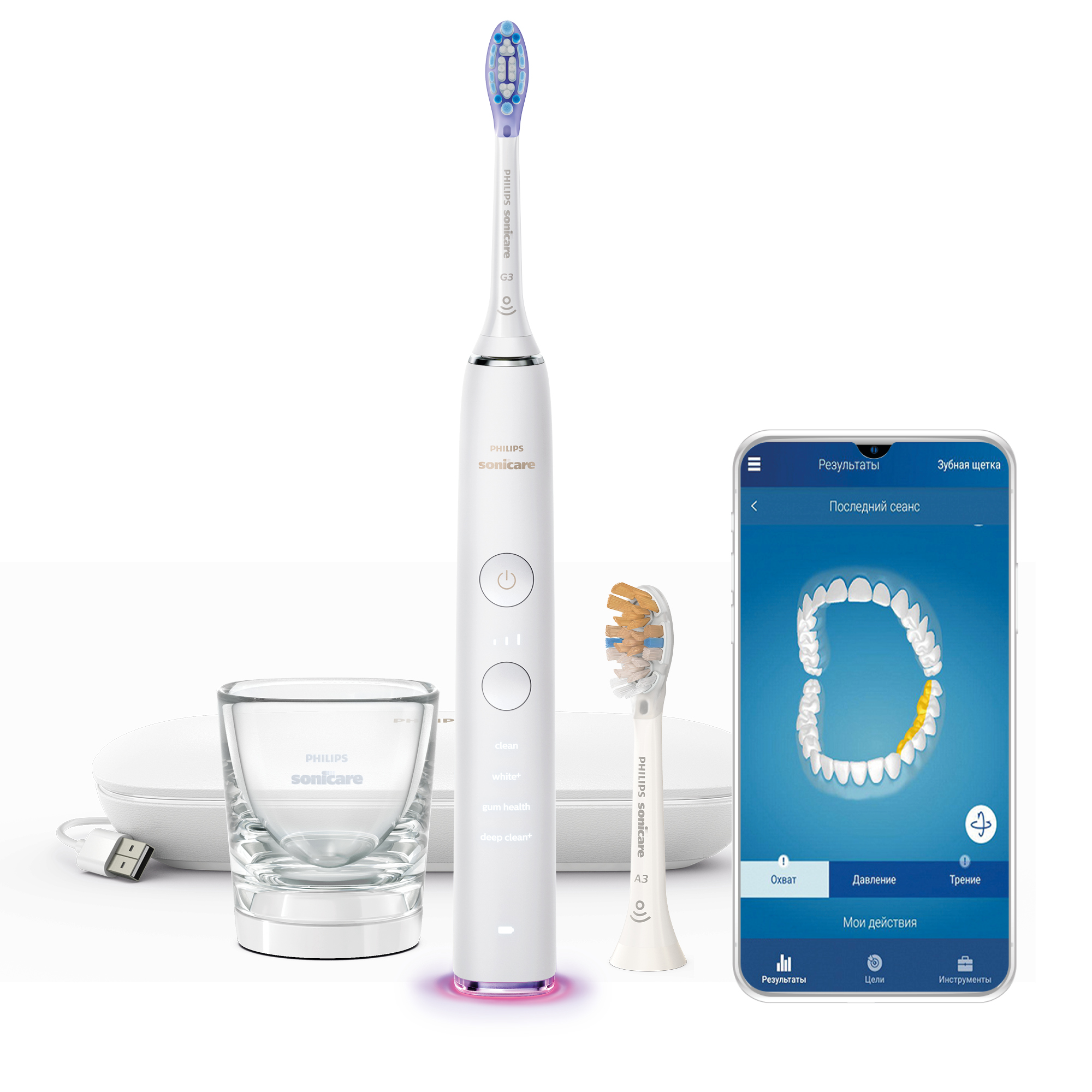 Biały zestaw szczoteczek Philips Sonicare z ładowarką, kubkiem i ekranem aplikacji.