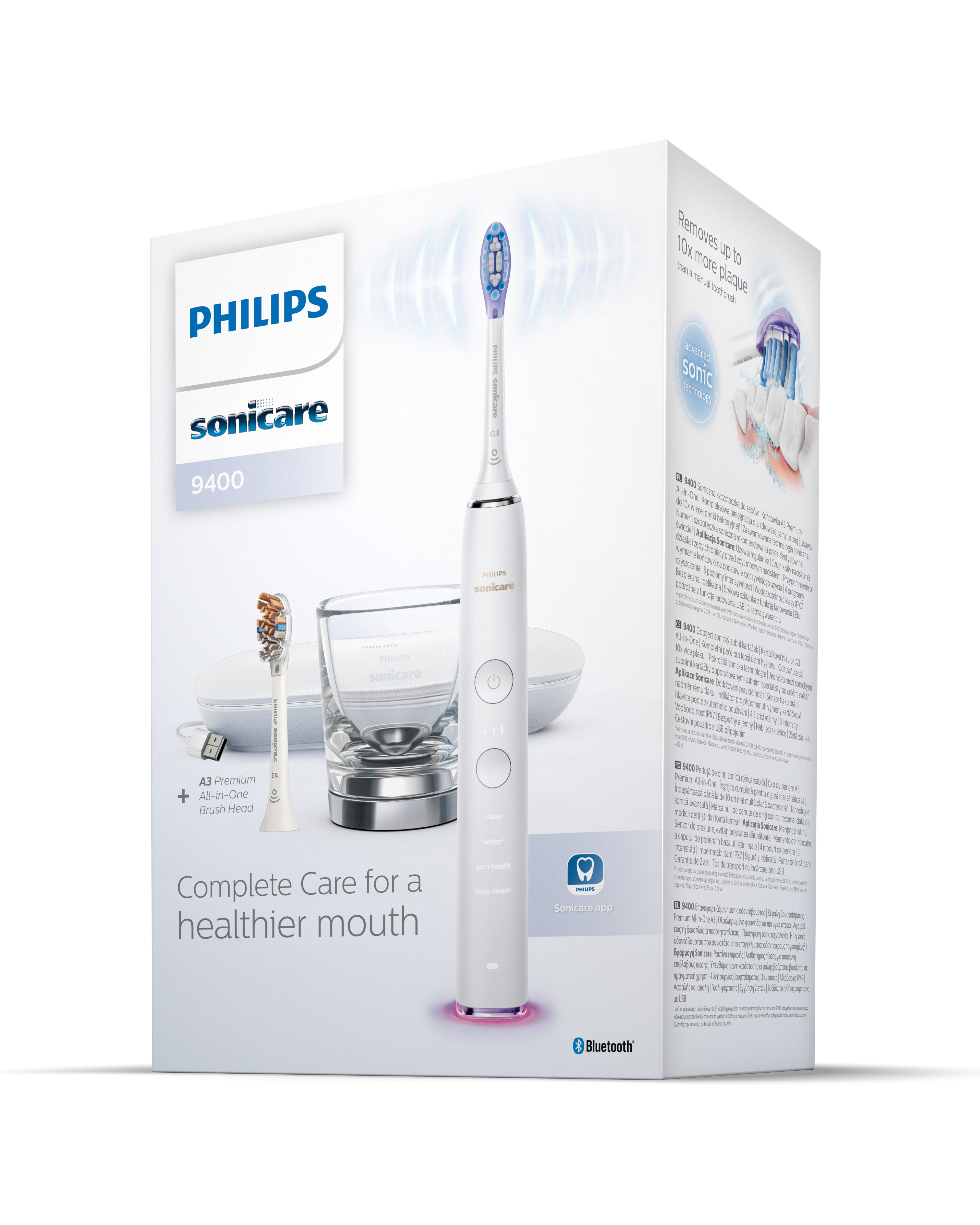 Biała szczoteczka Philips Sonicare 9400 z kubkiem i etui podróżnym.