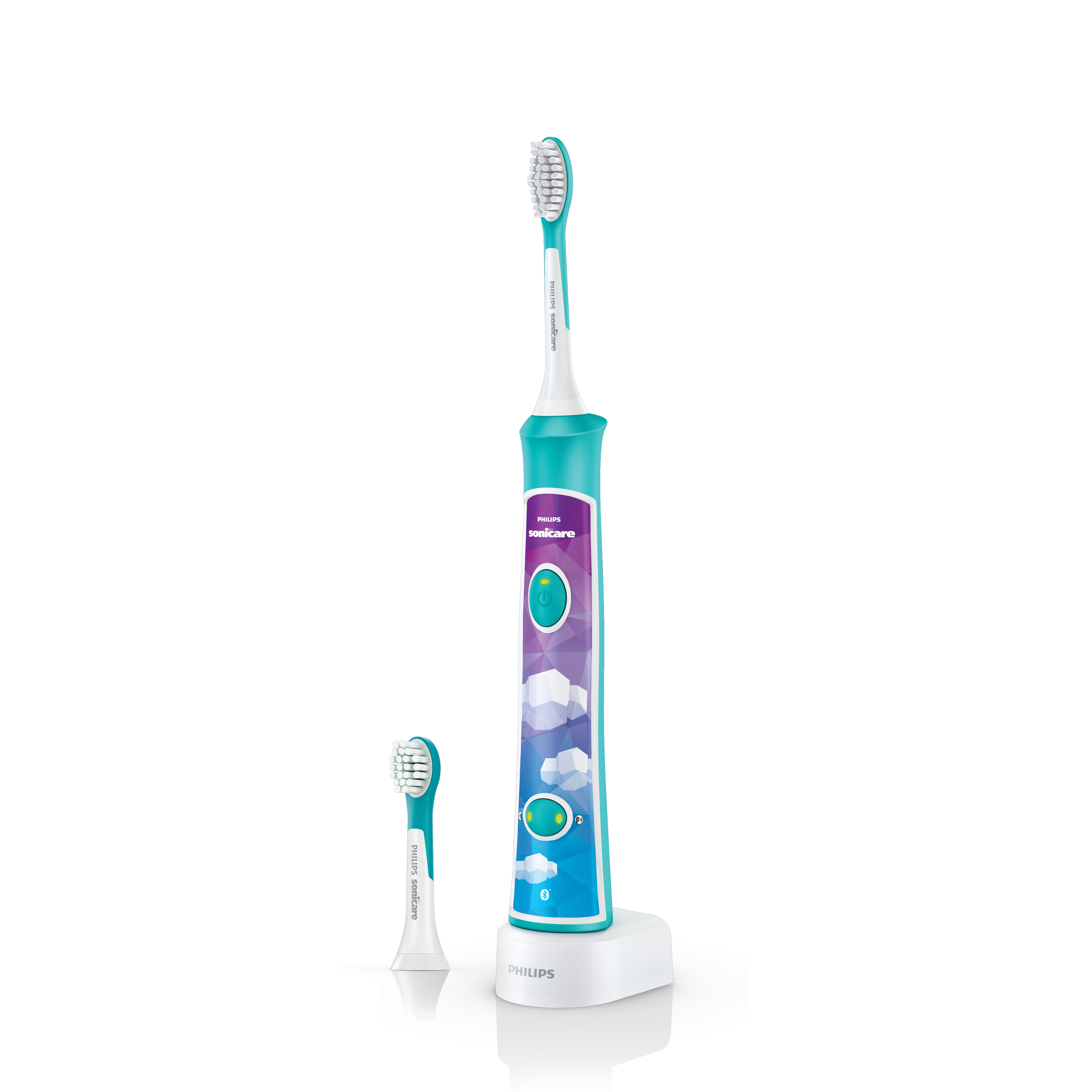 Turkusowa główka szczoteczki Philips Sonicare i szczoteczka na białej podstawie.