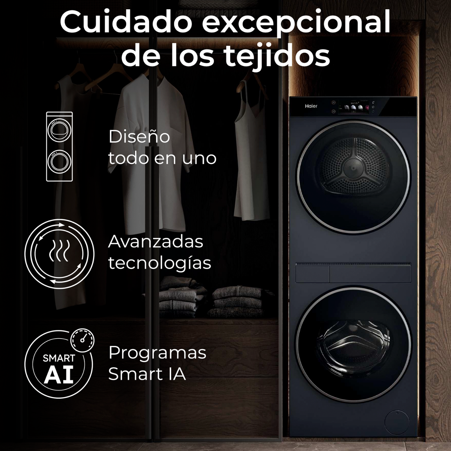 Cuidado excepcional de los tejidos. Torre Haier negra: diseño todo en uno, avanzadas tecnologías y programas Smart IA