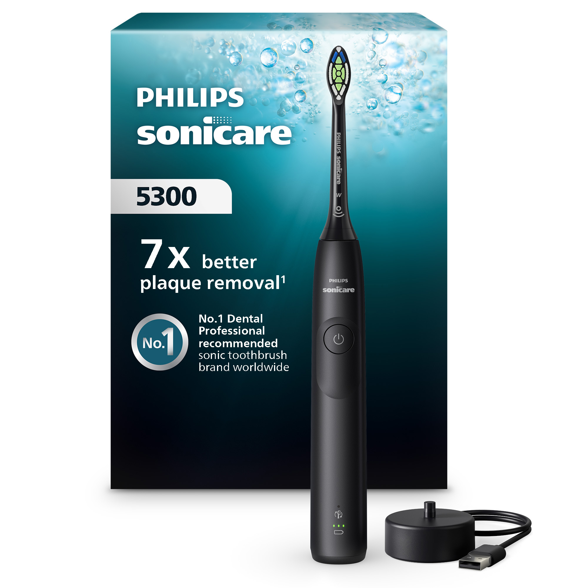 Czarna szczoteczka soniczna Philips Sonicare 5300 ze stacją ładującą i kablem USB.