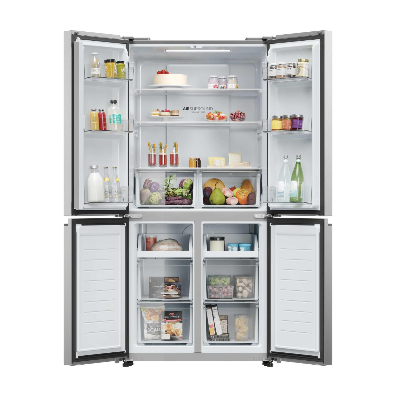 Un refrigerador abierto con comida, frutas y verduras en cajones.