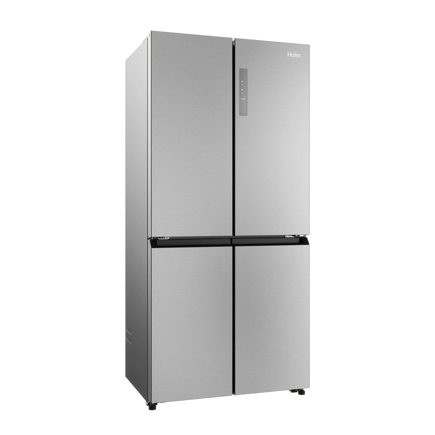 Un refrigerador plateado de cuatro puertas con panel táctil.