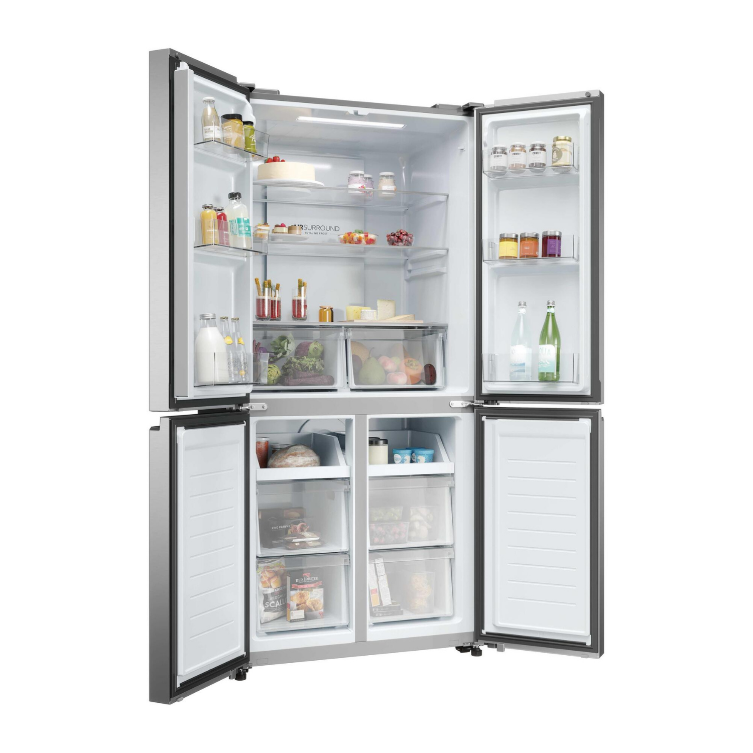 Un refrigerador abierto con estantes y cajones llenos, con alimentos y bebidas.