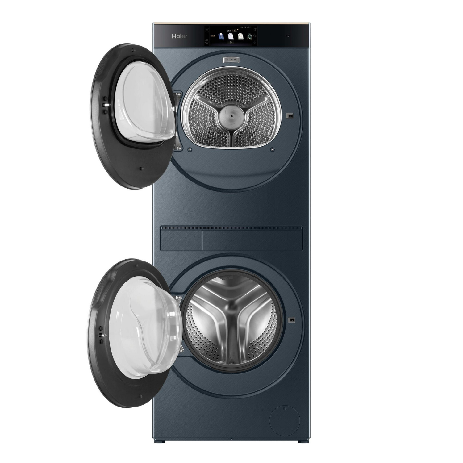 Una lavadora-secadora Haier azul oscuro con puertas abiertas, fondo blanco.