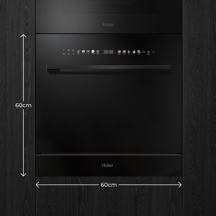 Schwarzer Haier Geschirrspüler mit Touchscreen-Bedienfeld und digitalen Anzeigen.