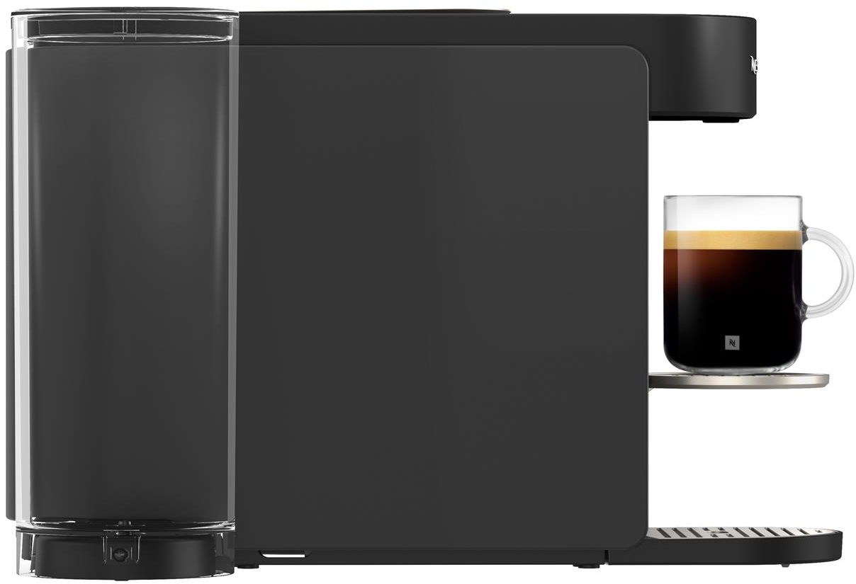 Una macchina da caffè nera con un bicchiere di espresso e una grande camera d'acqua.
