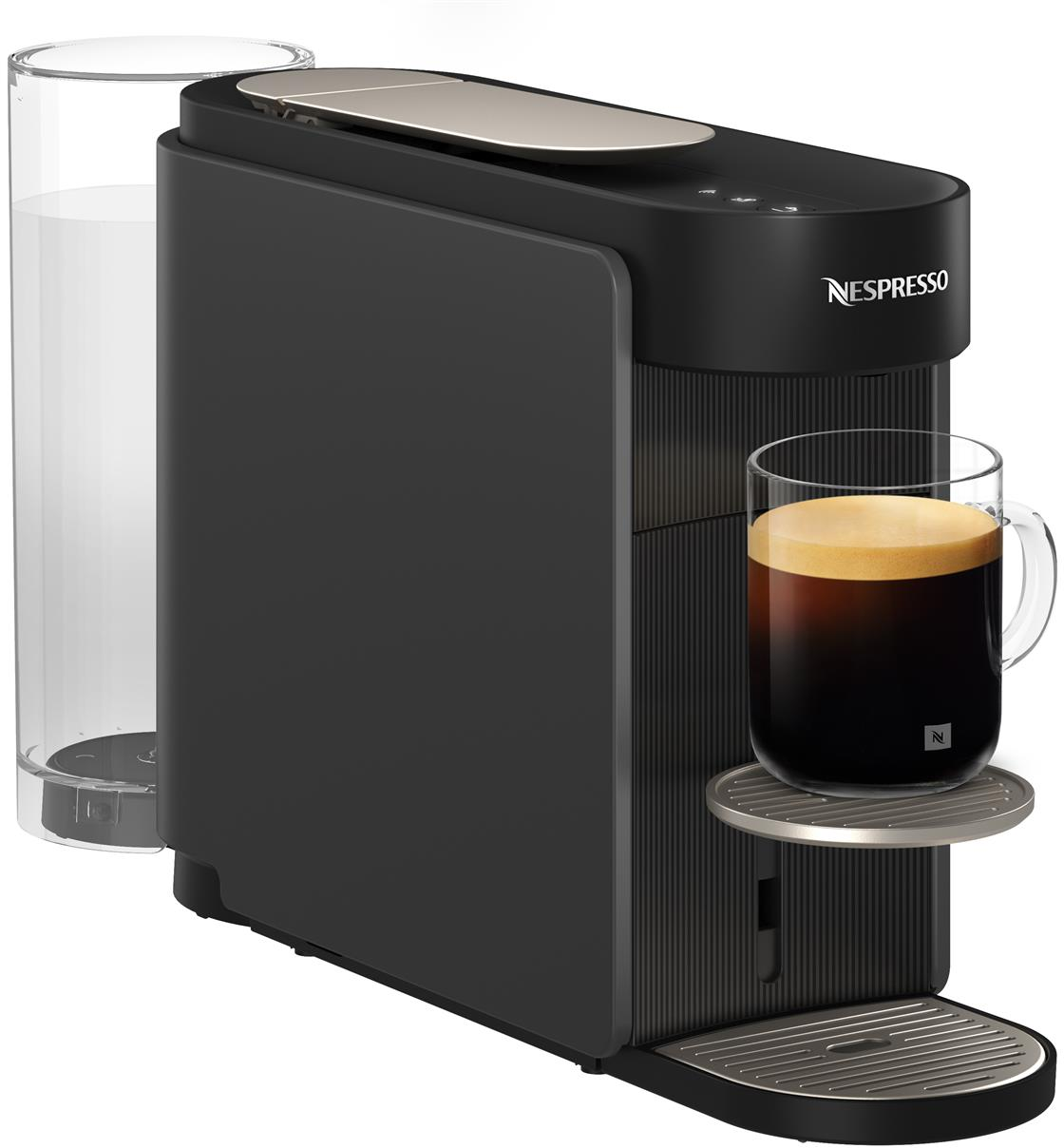 Macchina da caffè Nespresso nera con serbatoio dell'acqua e un bicchiere di caffè.
