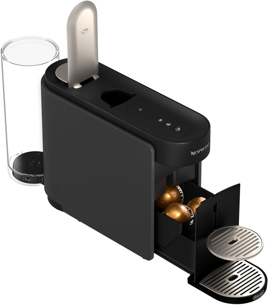 Macchina da caffè nera con serbatoio dell'acqua e cassetto capsule con capsule dorate.