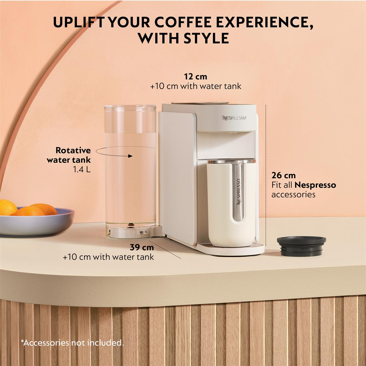 Weiße Nespresso-Kaffeemaschine mit abnehmbarem Wassertank, Maße angegeben.