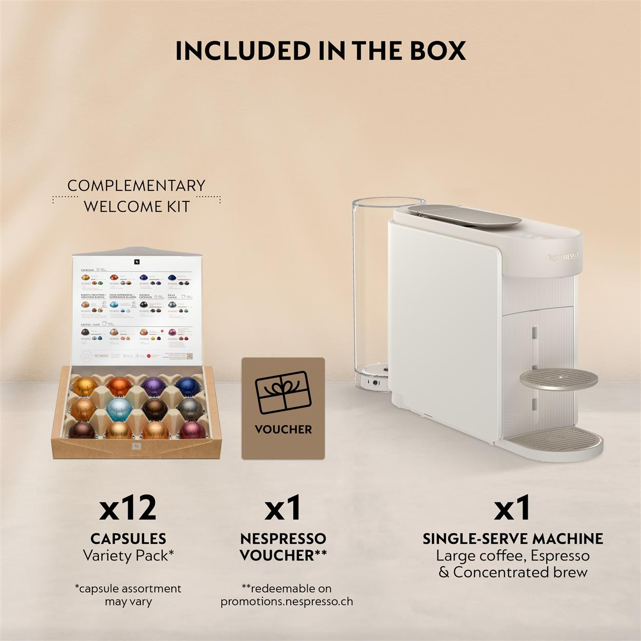 Weißer Nespresso-Automat mit Kapselbox, Gutschein und Willkommenskit.