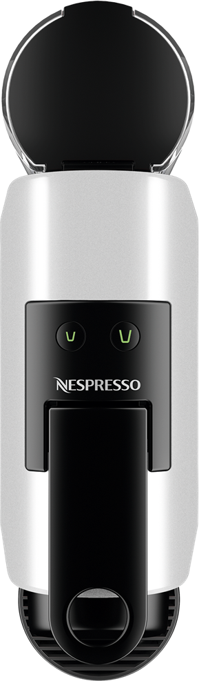 Silberne Nespresso-Kaffeemaschine mit schwarzem Detail und Bedienelementen.
