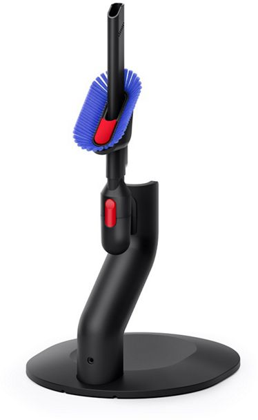 Un accessoire d'aspirateur noir avec tête de brosse bleue et détail rouge.