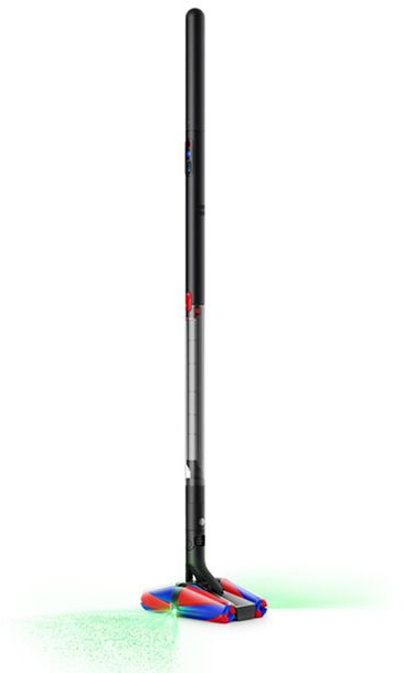 Aspirateur noir avec brosses rouges et bleues illuminées et lumière verte.