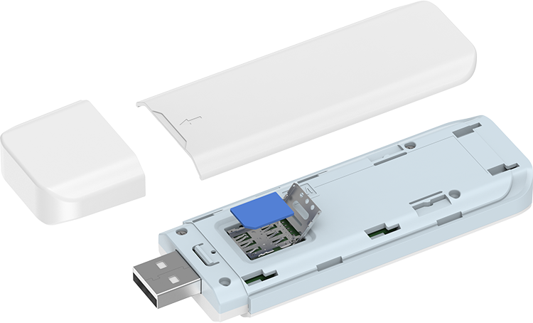 Una chiavetta USB bianca con alloggiamento aperto, slot SIM e porta USB.