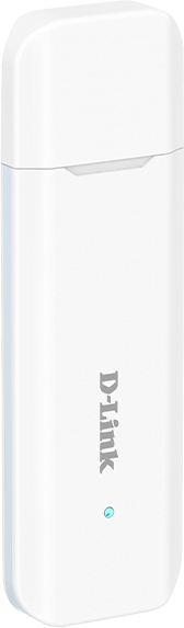 Un adattatore USB D-Link bianco con luce LED blu.