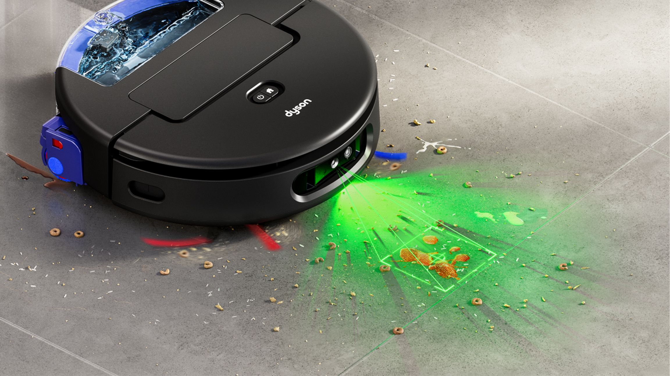 Un robot aspirateur noir avec des lasers nettoie un sol sale.