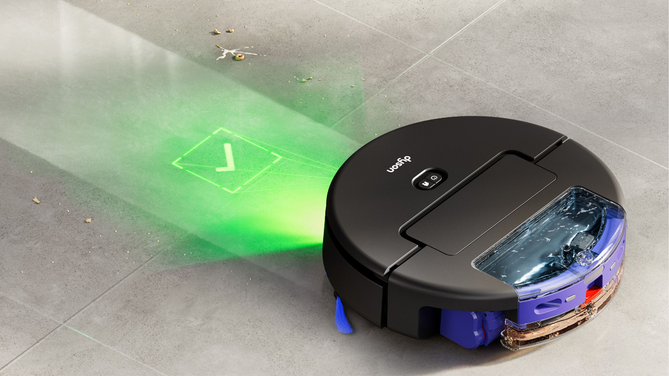 Un aspirateur robot noir sur carrelage avec navigation laser verte et débris.