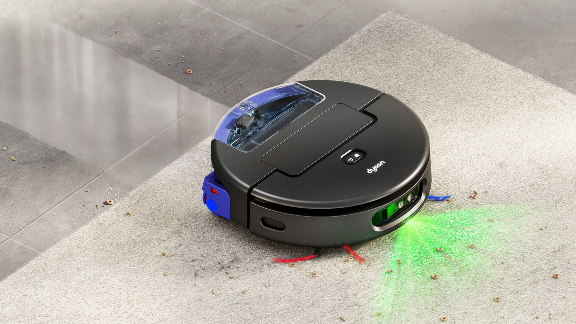 Un aspirateur robot noir nettoie un tapis clair avec détection laser verte.