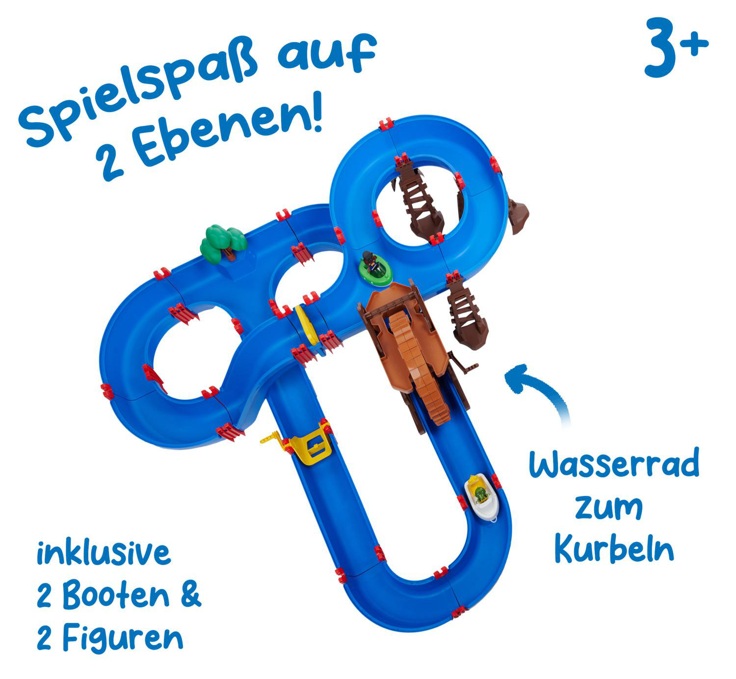 Blauer Spielzeug-Wasserpark mit Booten und Figuren, 2 Ebenen.