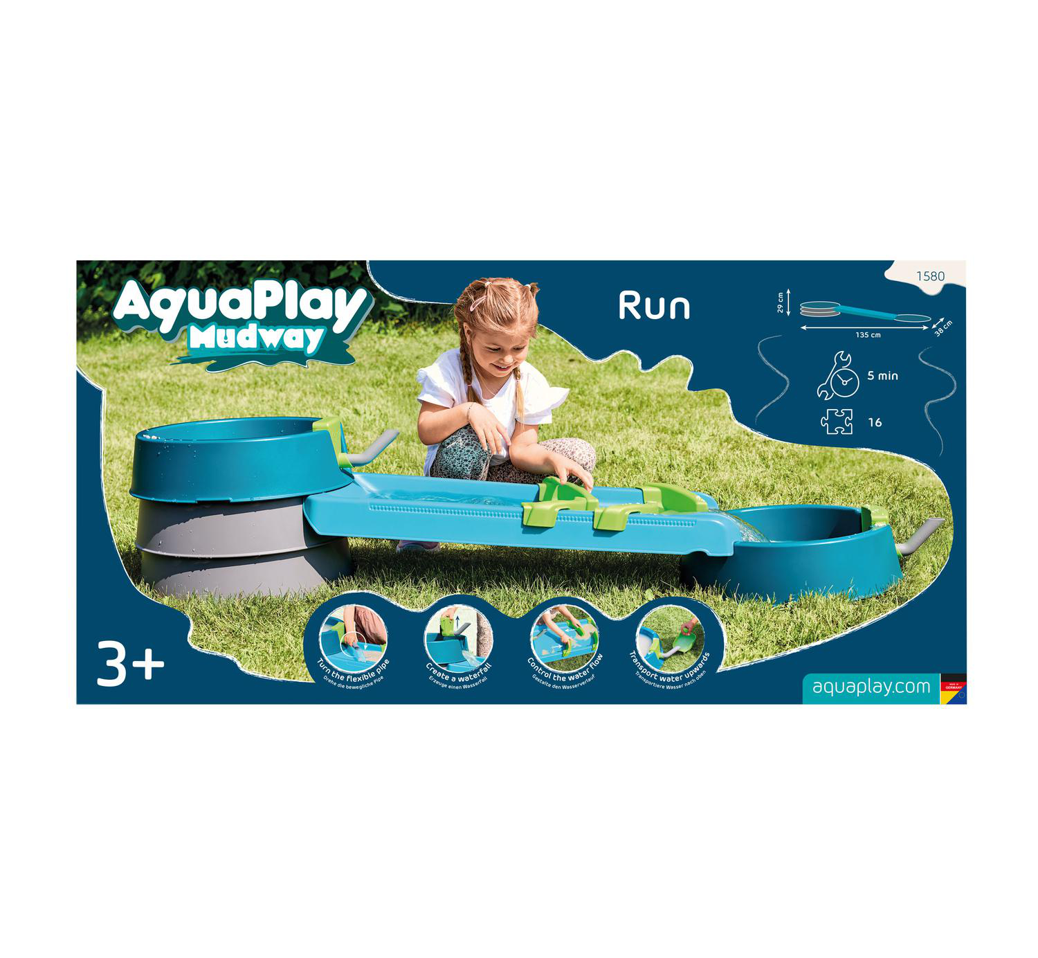 Ein Mädchen spielt mit einem AquaPlay Mudway Wasserspielzeug im Gras.