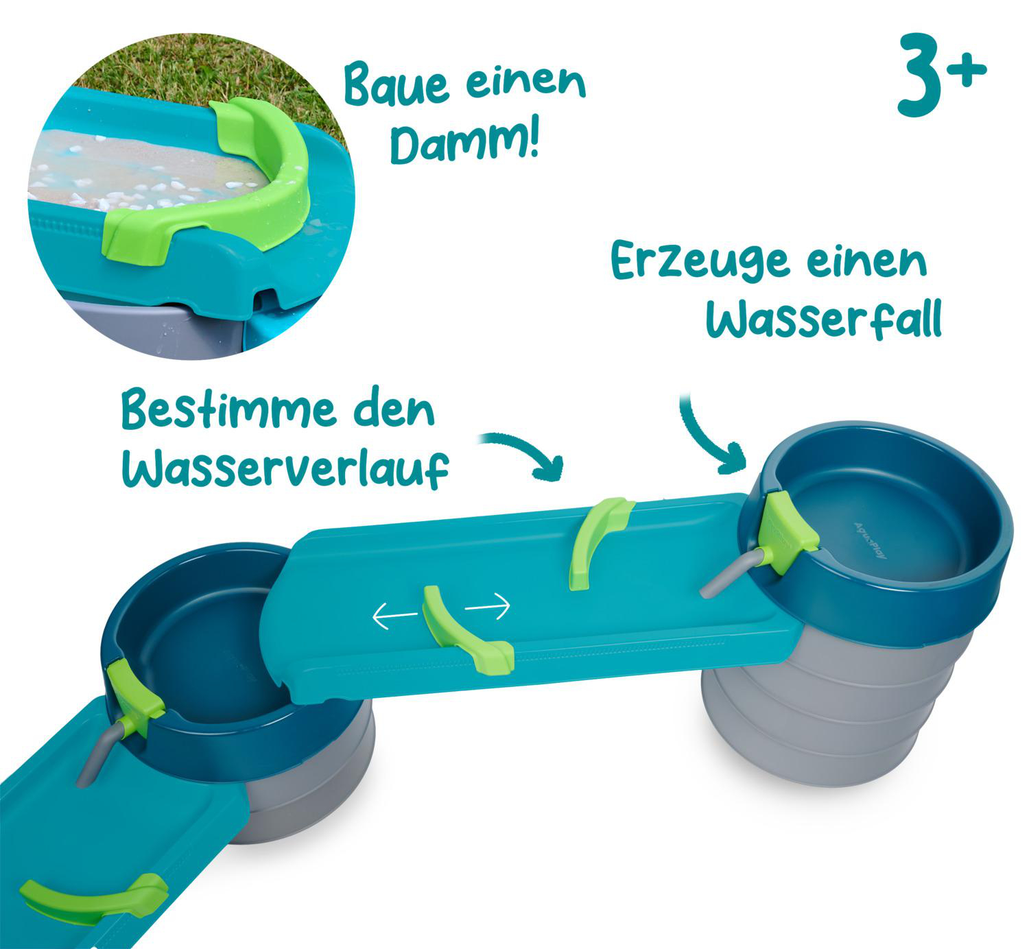 Ein Wasserspielzeug für Kinder ab 3 Jahren mit blauen und grünen Teilen.