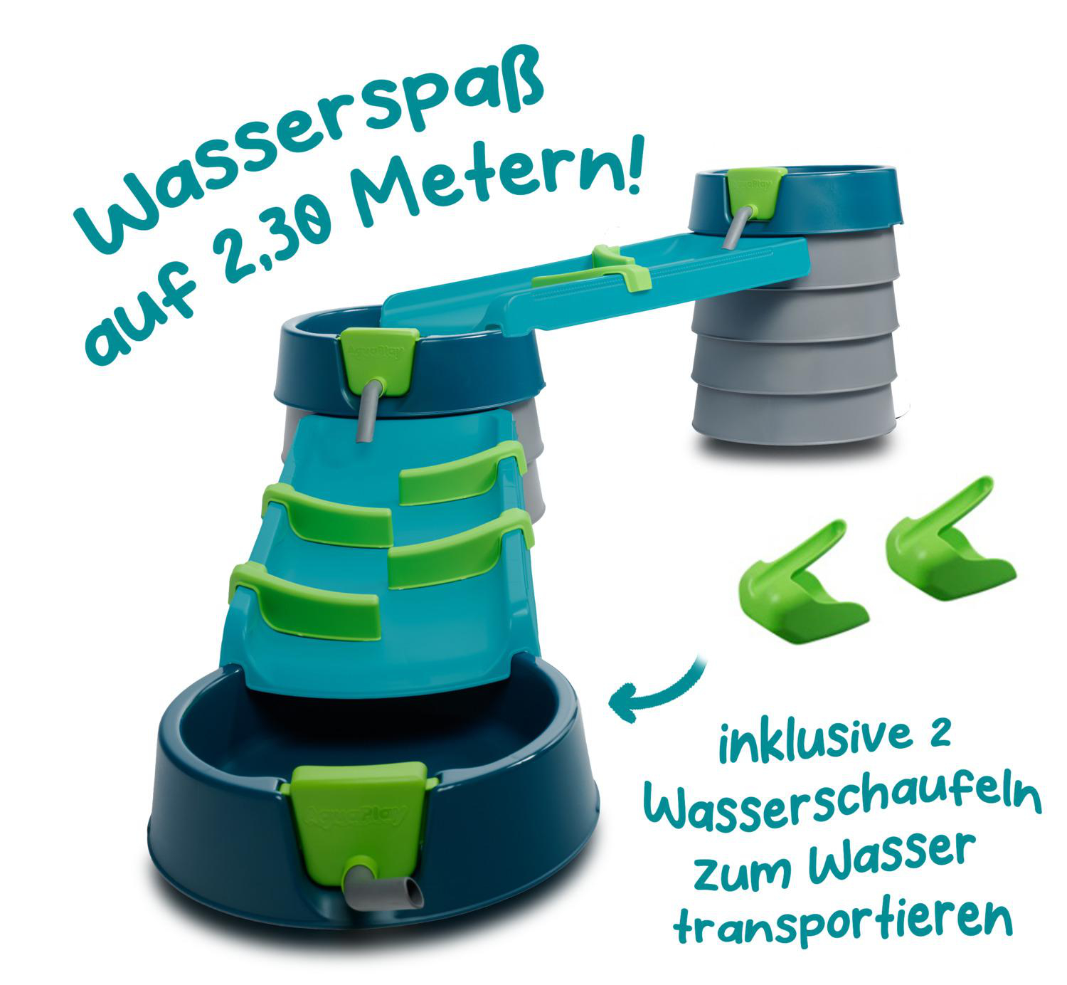 Blaues und grünes Wasserspielzeug mit Rutschen und Bechern. Enthält zwei Schaufeln.