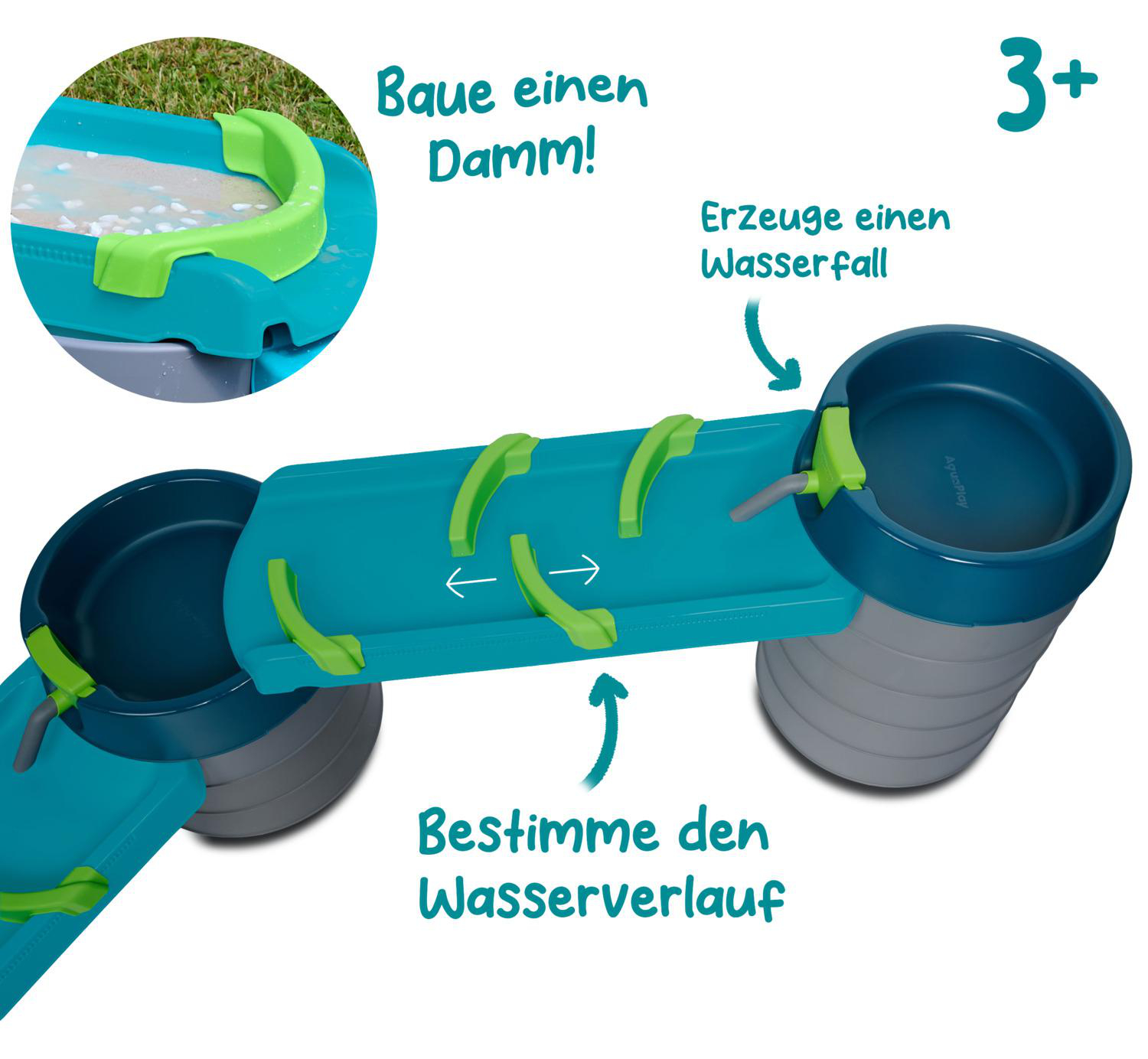 Ein Spielzeug-Wassersystem mit blauen und grünen Teilen, das zum Bauen anregt.