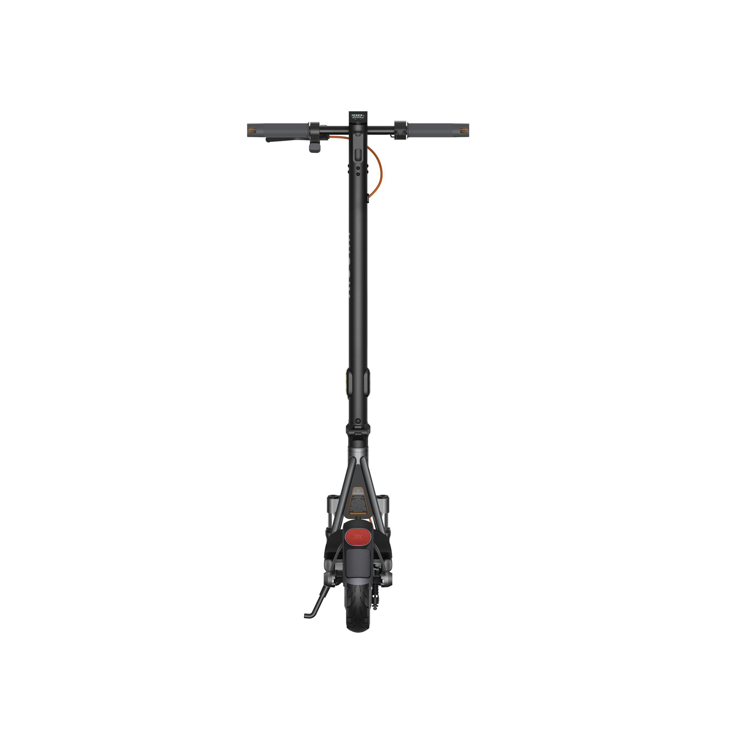 Dunkler Elektroroller mit Lenker, Display und Hinterrad.
