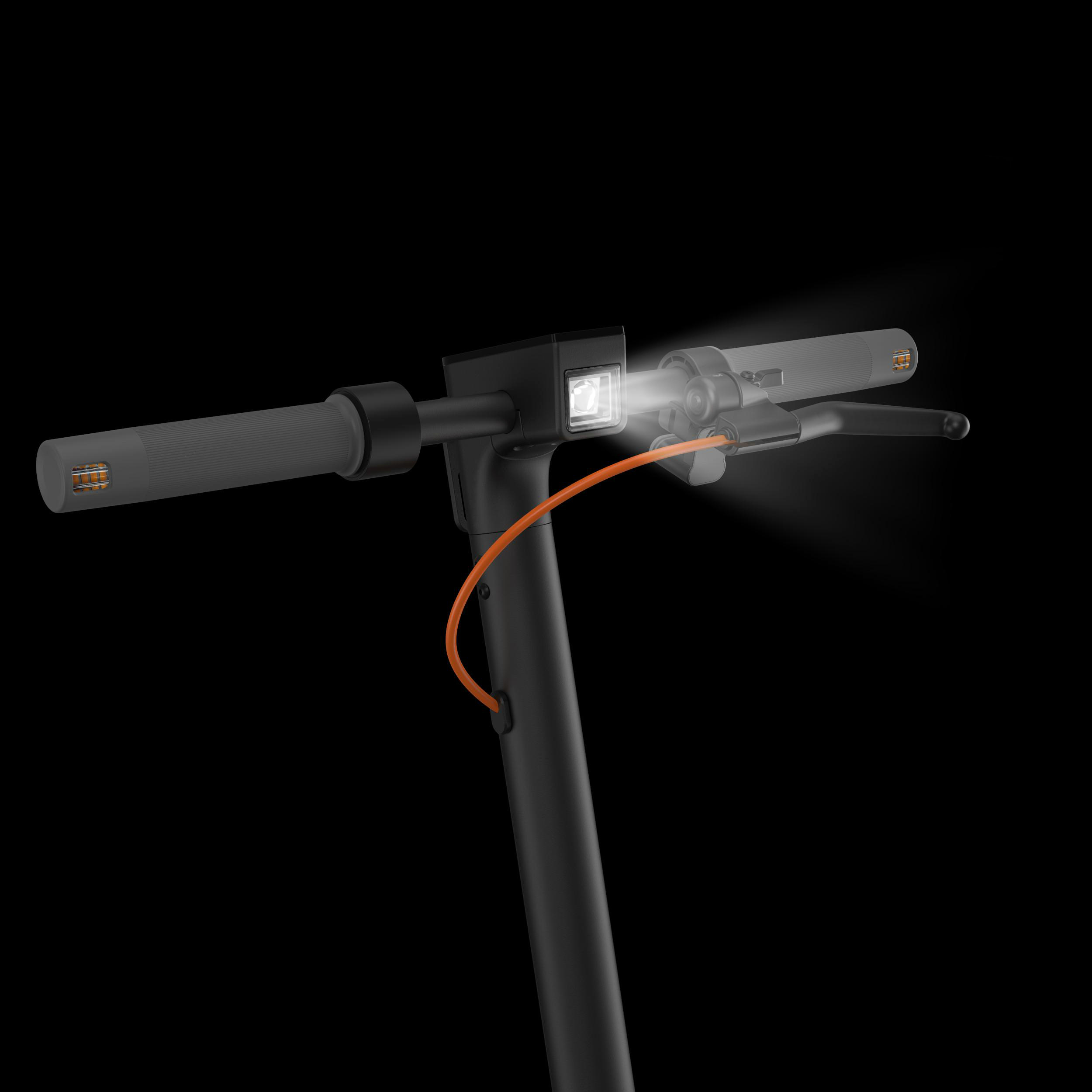 Lenker eines Elektrorollers mit Licht und Bremshebel.